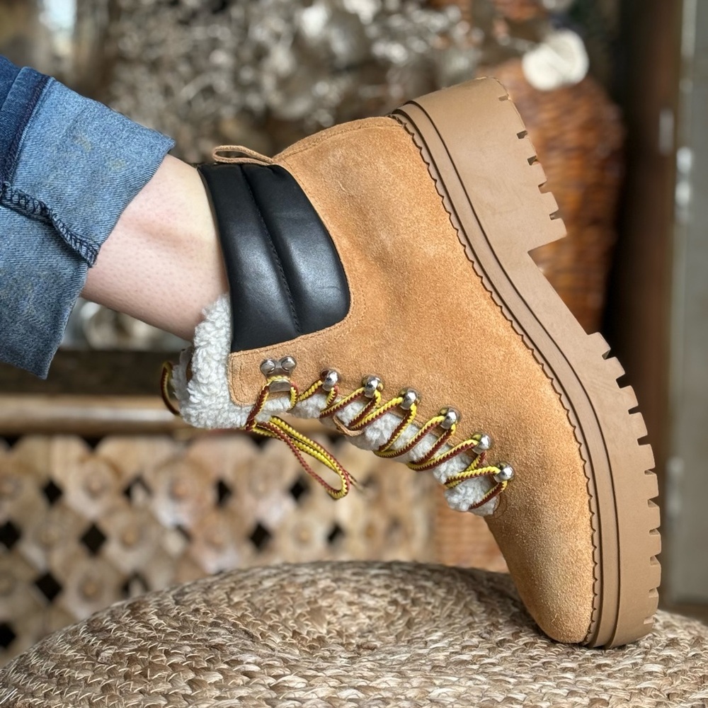 MARC FISHER  lesther Tan and Black Suede Platform Boots